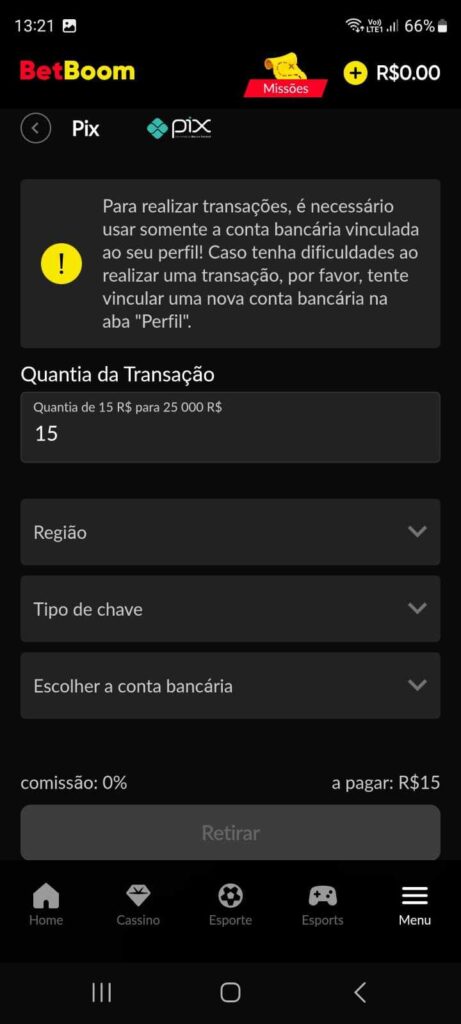print da tela de saque da Betboom no celular