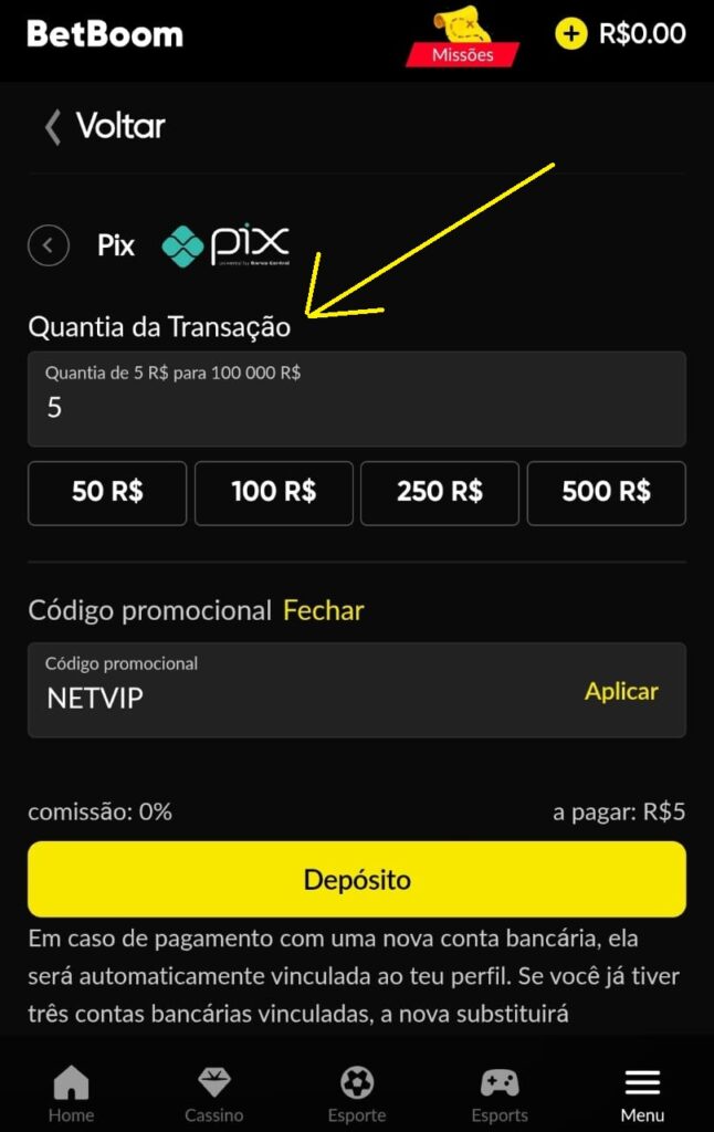 print da tela de dep&oacute;sito da betboom pelo celular