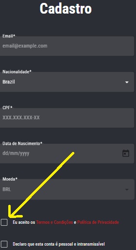 print da tela de cadastro matchbook pelo celular