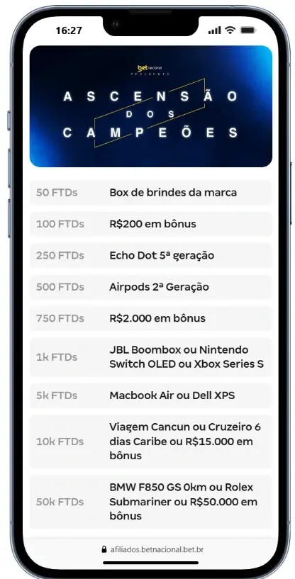 Tabela de prêmios e recompensas do nível Ascensão dos Campeões no programa de afiliados Betnacional.