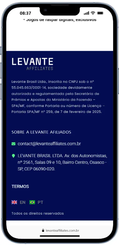 Rodapé do site no celular exibindo os dados e a licença da Levante, empresa gestora dos Sorte Online afiliados.