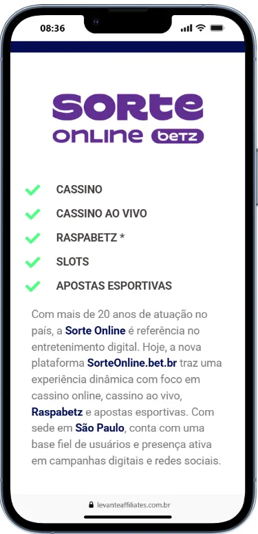 Plataforma Levante Brasil, gerenciadora oficial responsável pelo programa de afiliados Sorte Online.