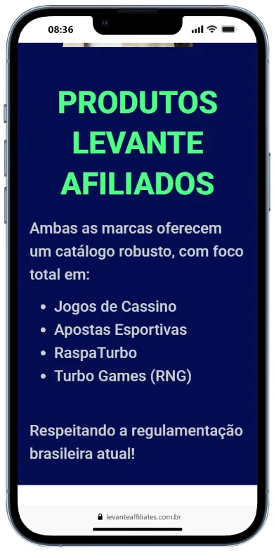 Tela de celular exibindo a plataforma mobile e as opções de produtos para os Sorte Online afiliados.
