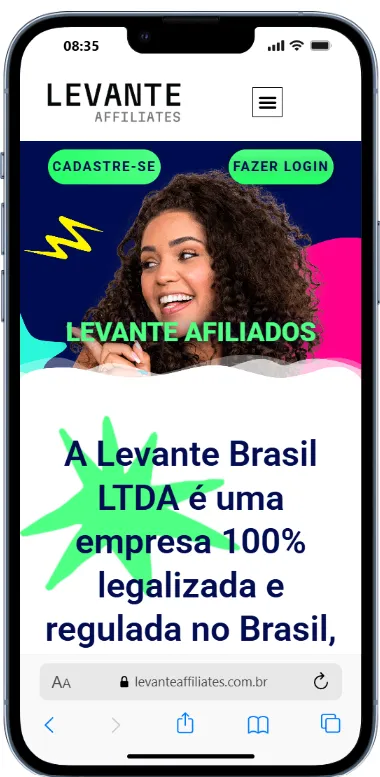Print de celular mostrando o site da Levante Brasil, empresa responsável pelo programa de afiliados Sorte Online.