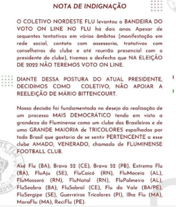Coletivo Nordeste Flu anuncia que não apoiará reeleição de Mário e cita voto on-line em nota de indignação