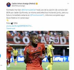 Meia Jáder Quiñones está praticamente negociado com o Fluminense, afirma repórter