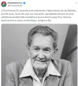 Fluminense emite nota de pesar sobre falecimento de Léo Batista, histórico jornalista esportivo