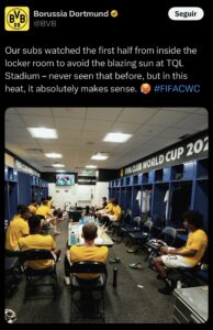 Reservas do Borussia assistiram 1º tempo do duelo com o Mamelodi no vestiário por conta do calor